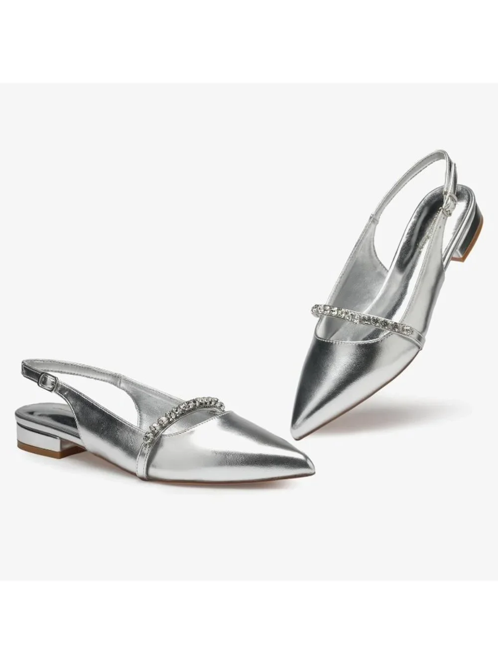 Women's Silver Soft Slingback Flats With Rhinestone Pointed Toe Backstrap Shoes